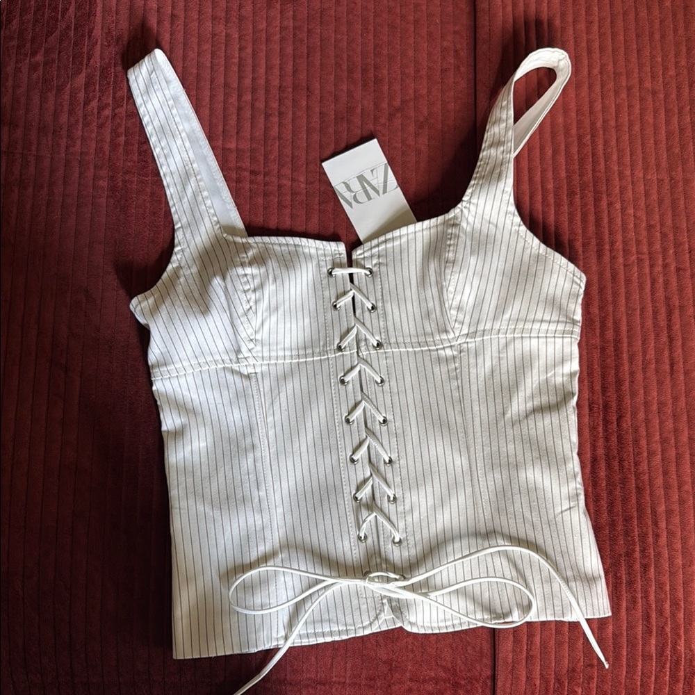 Zara White Striped Lace-Up Crop CorsetTop